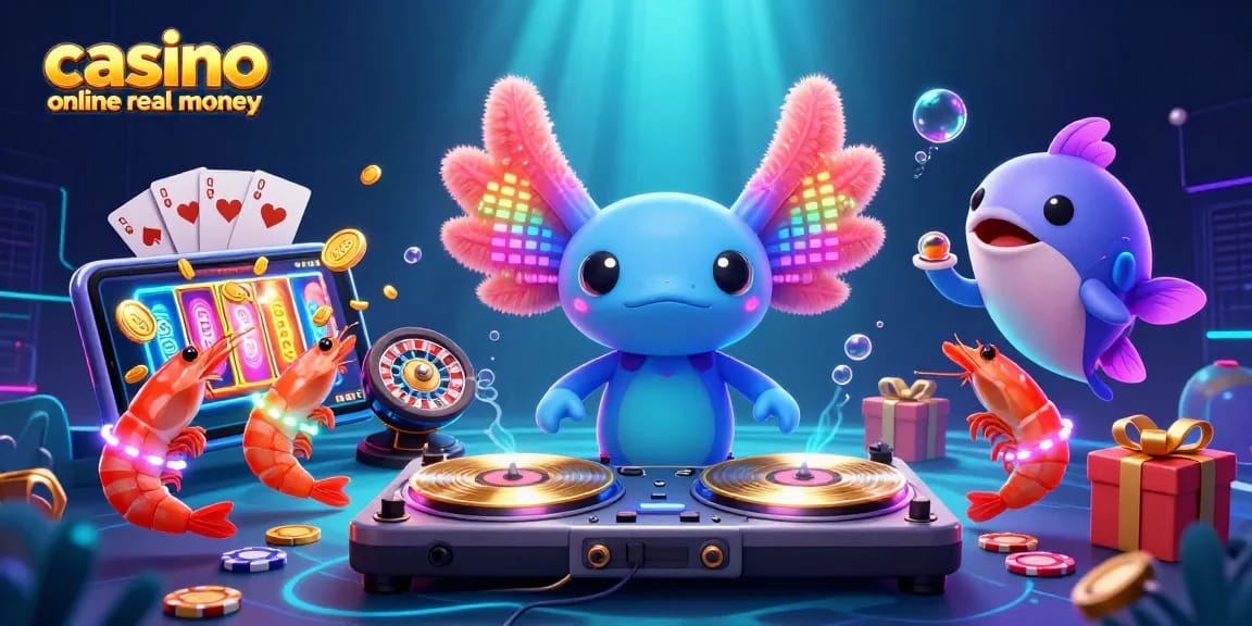 Experience casino online usa real money excitement with a dynamic axolotl DJ and vibrant gaming elements.