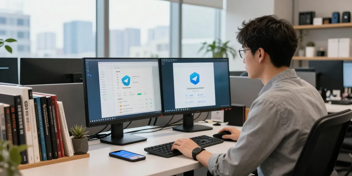 Developer setting up Telegram Chinese Version on dual monitors in a bright office.