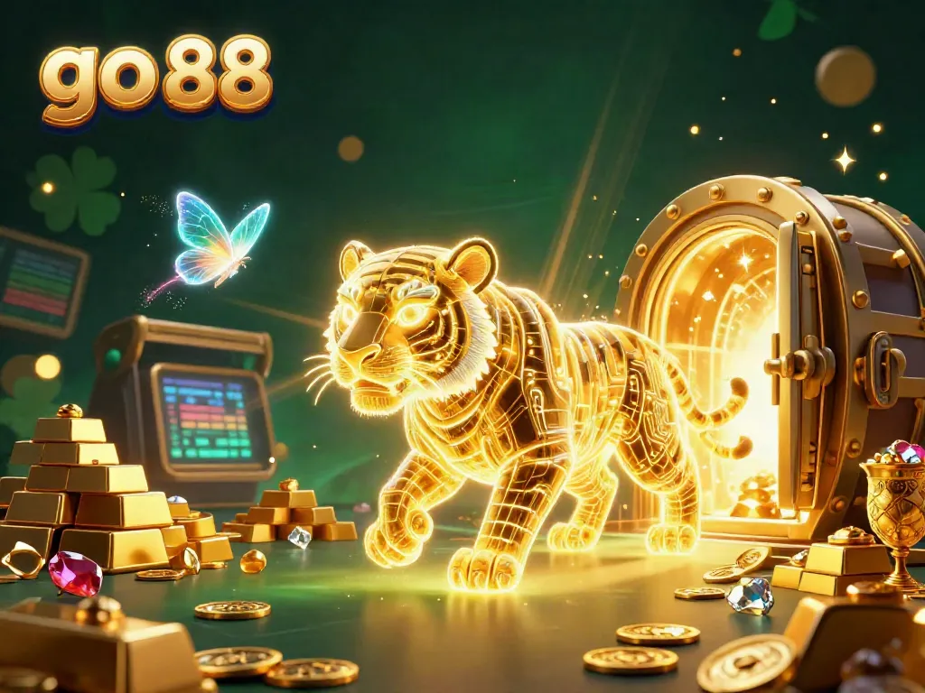 Experience thrilling wins at go 88 with a vibrant casino scene featuring golden treasures and a mystical tiger.