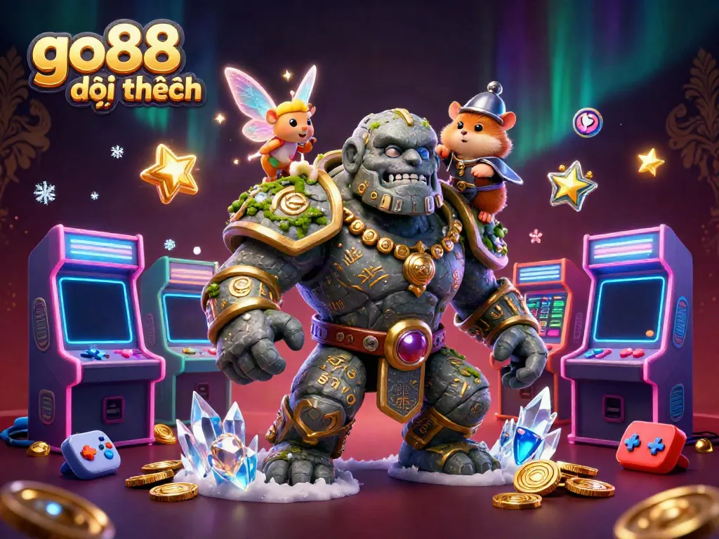 Engage with go88 đổi thưởng in a vibrant, magical 3D scene featuring a golem guardian, fairy, and hamster knight.
