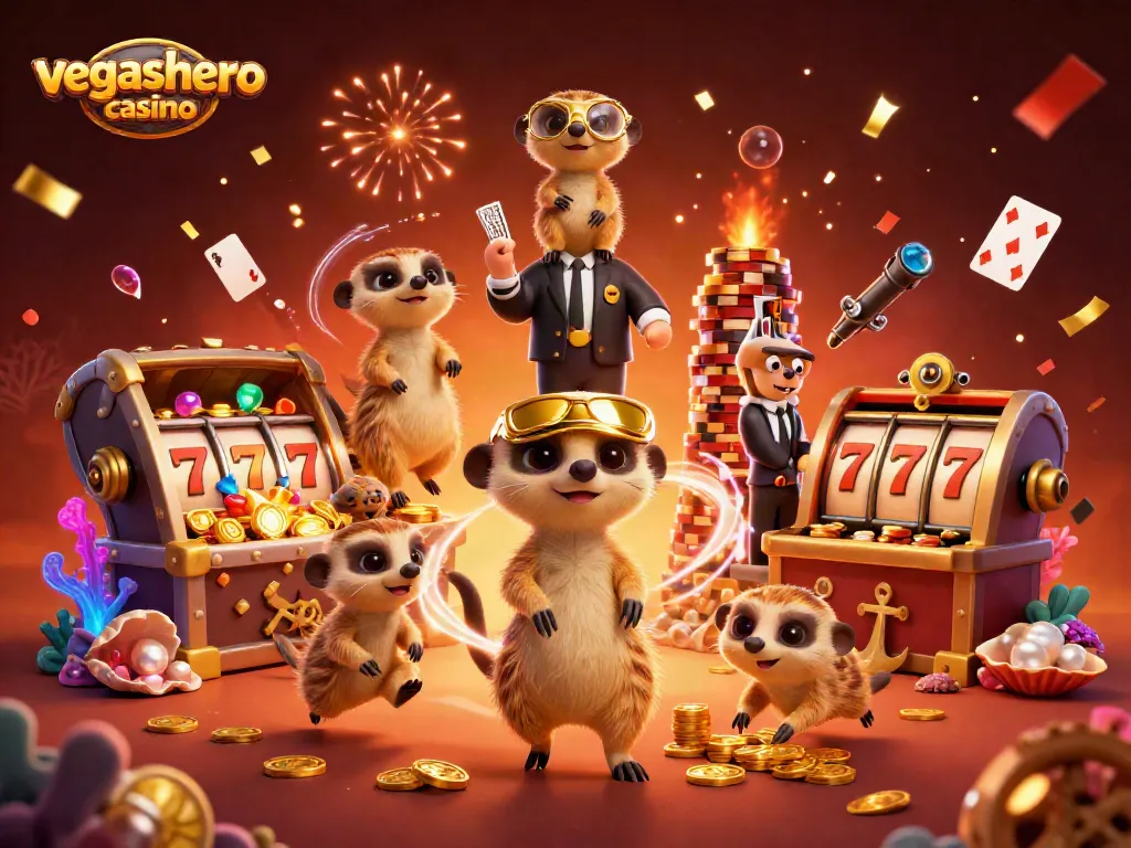 Experience excitement at vegashero casino with animated meerkats running a lively gaming scene.