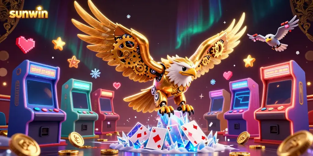 Experience the thrill of gambling at sunwin, with a golden eagle diving through holographic cards.