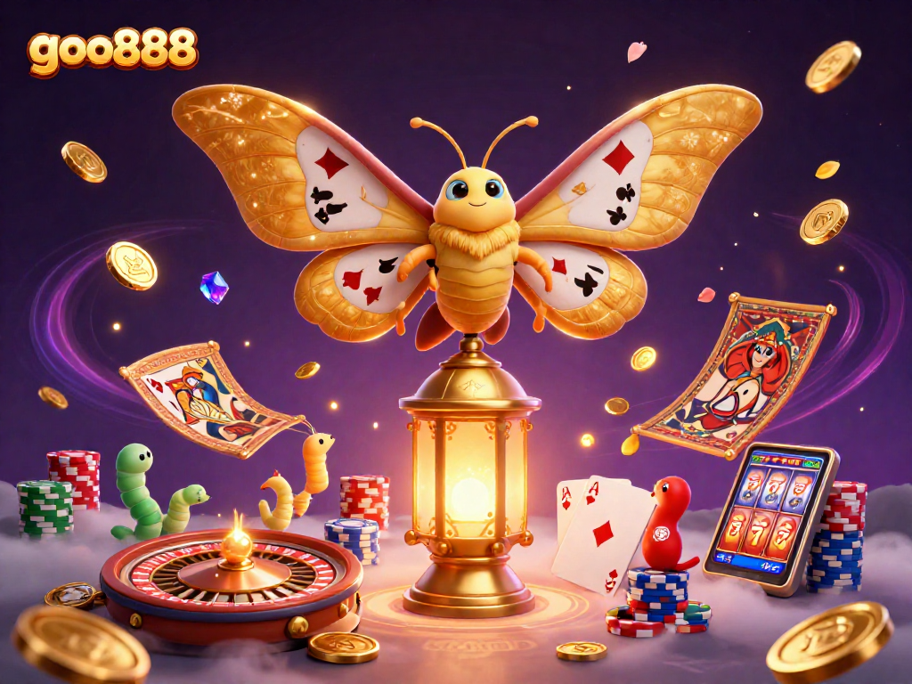 Win big at goo888 with a vibrant scene showcasing a casino moth and golden treasures.