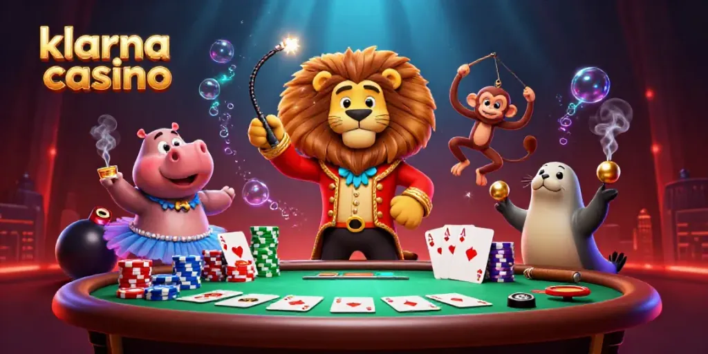 Experience a vibrant klarna casino scene with cartoon characters and a poker setup, overflowing with excitement.