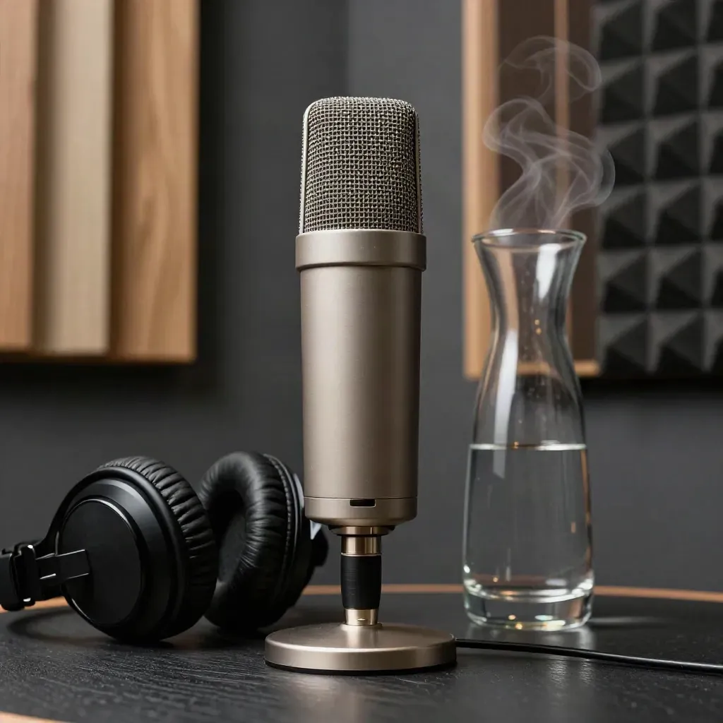 Donkere podcastset met microfoon, koptelefoon en waterkaraf in zachte studioglans