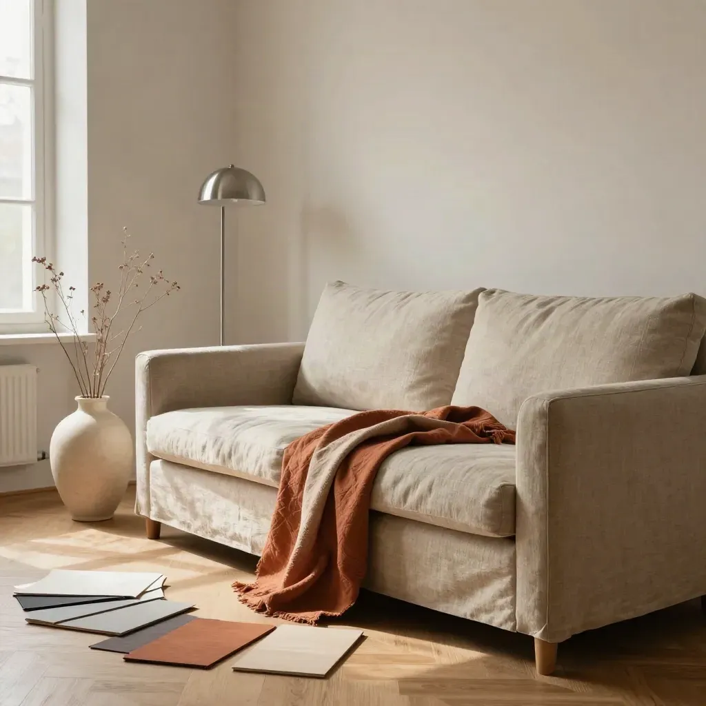 Linnen bank met vaas, lamp en textielstalen in warm daglicht in een modelwoning.