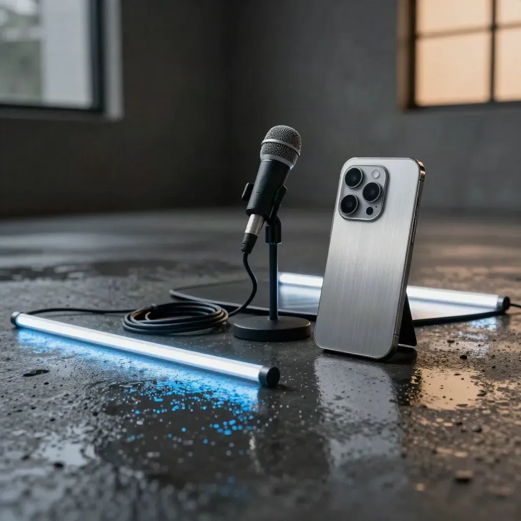 Monumentale contentset op nat beton met smartphone, microfoon, kabels en blauwe reflecties