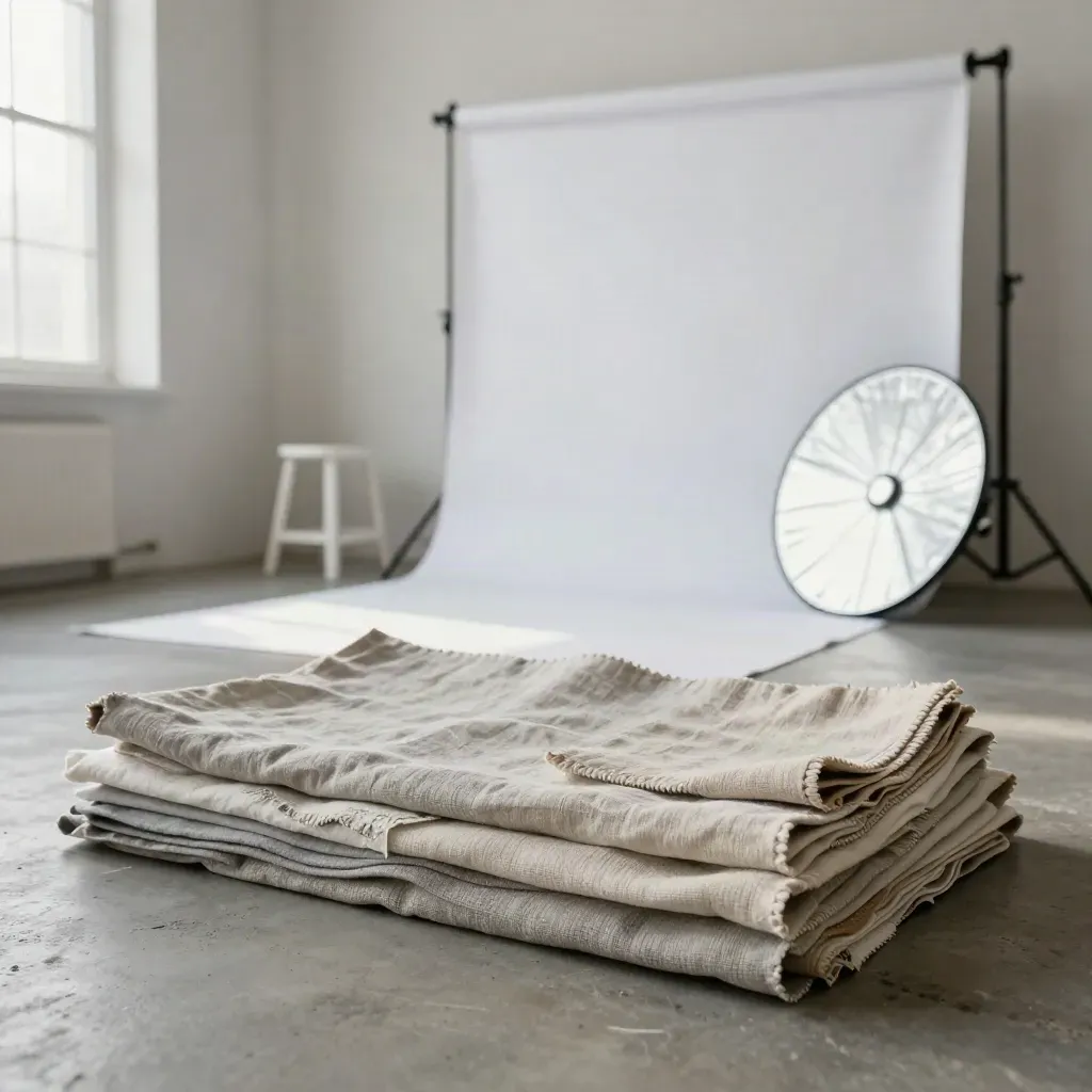 Tijdelijke studioset voor teamportretten met wit doek, krukken, reflector en stofstalen in zacht ochtendlicht.
