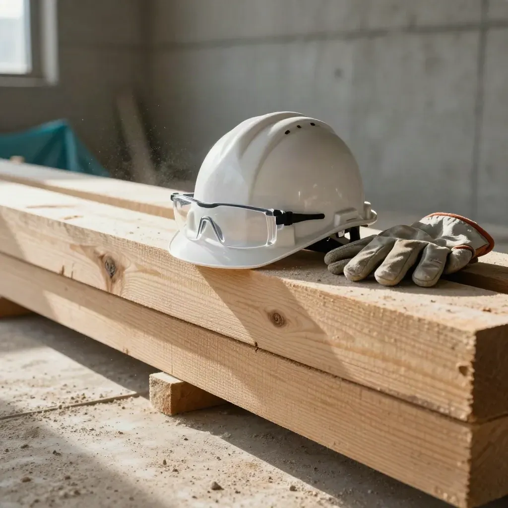 Helm, bril en handschoenen op houten balken voor een betonnen muur in zacht licht