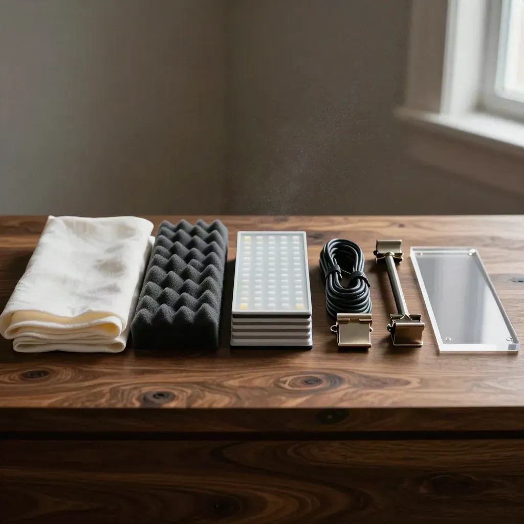 Vijf contentopstellingen met wit textiel, licht en audio-accessoires op een donker houten platform.