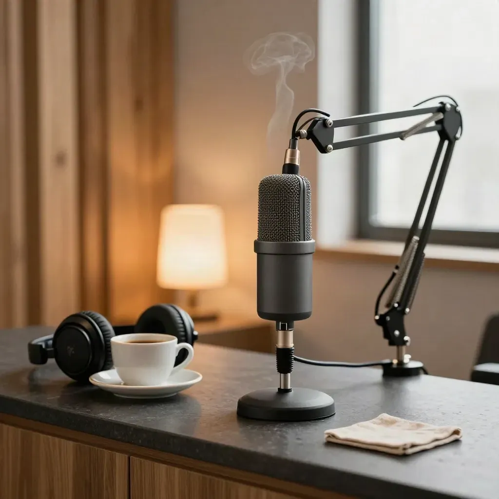 Podcaststudio met microfoon, koptelefoon, koffie en lamp in warme, stille sfeer.