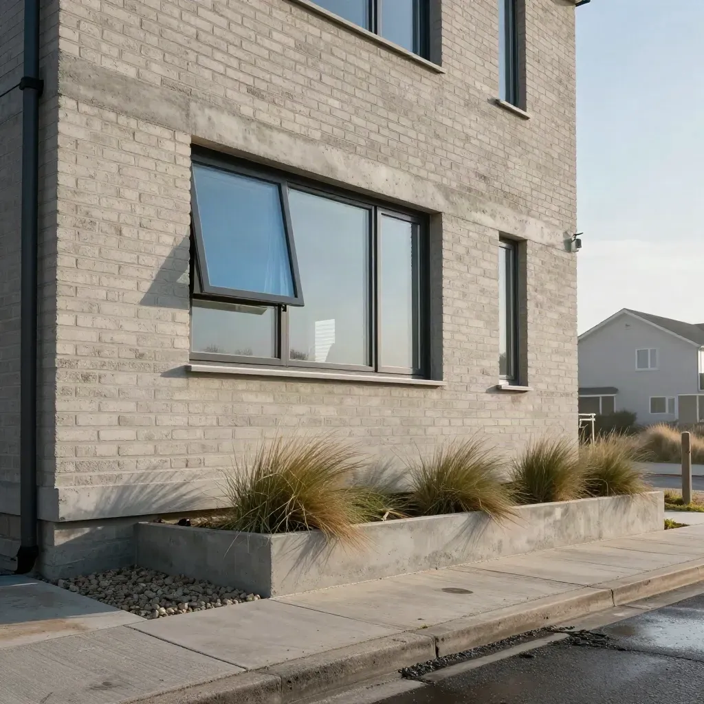 Nieuwbouwgevel in Dijk & Duin, laag vanop de stoep gefotografeerd met open raam en ruwe materialen.