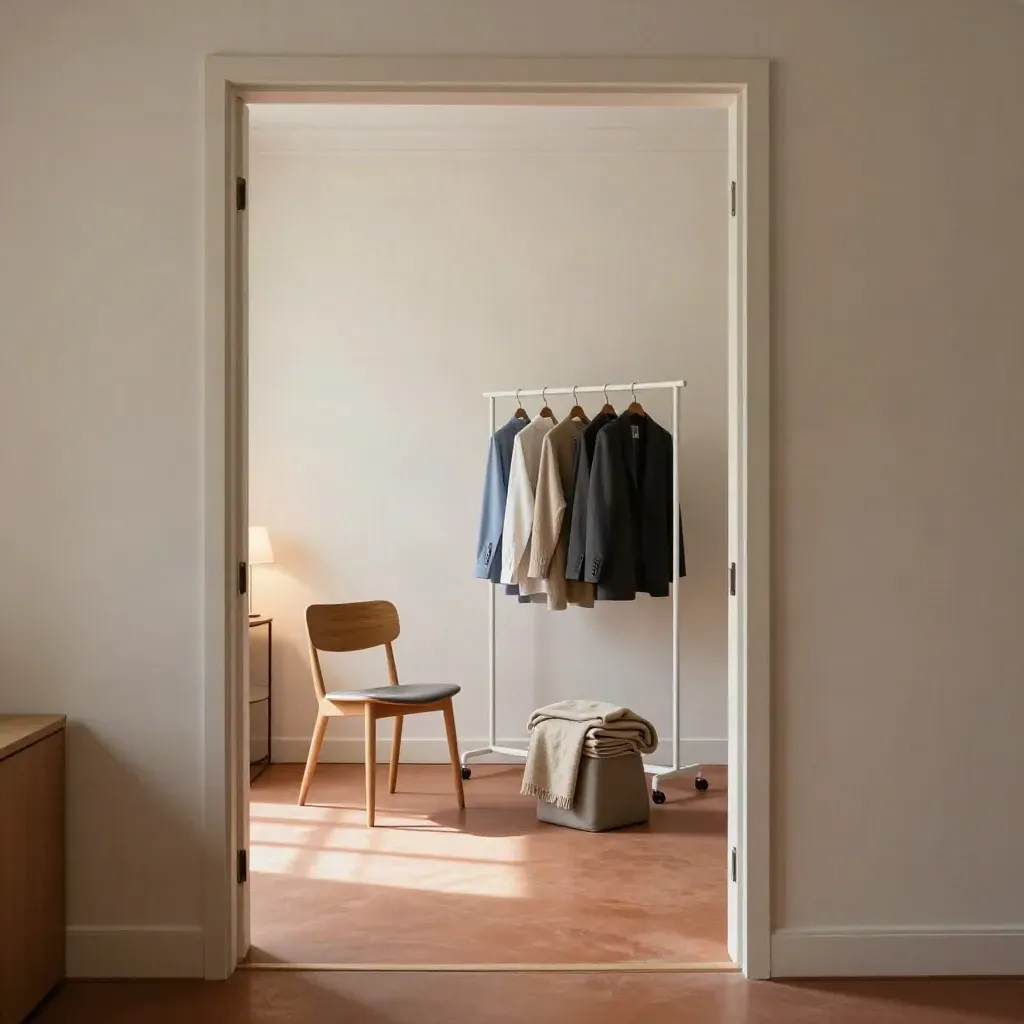 Stijlrust in een kantoor: backdrop, twee stoelen en kledingrek in warm middaglicht.