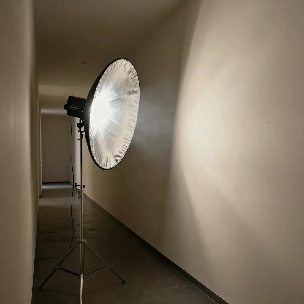 Corridor met lichtbalk, metalen voet en opgevouwen reflector in bewegende schaduwen.