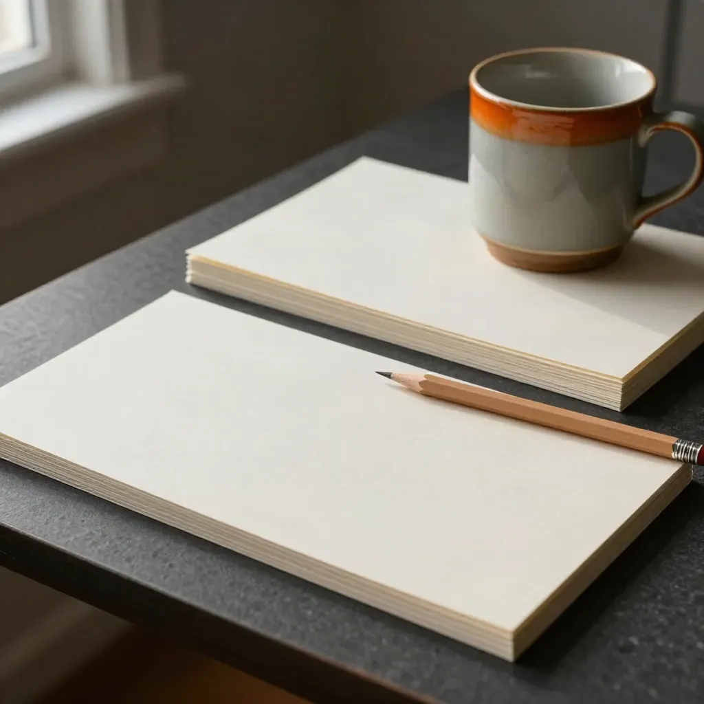 Copywritinghoek met cue-cards, potlood, mok en papier in zacht raamlicht.