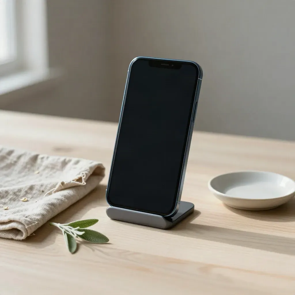 Smartphone op standaard met linnen doek, schaaltje en plantje op licht hout.