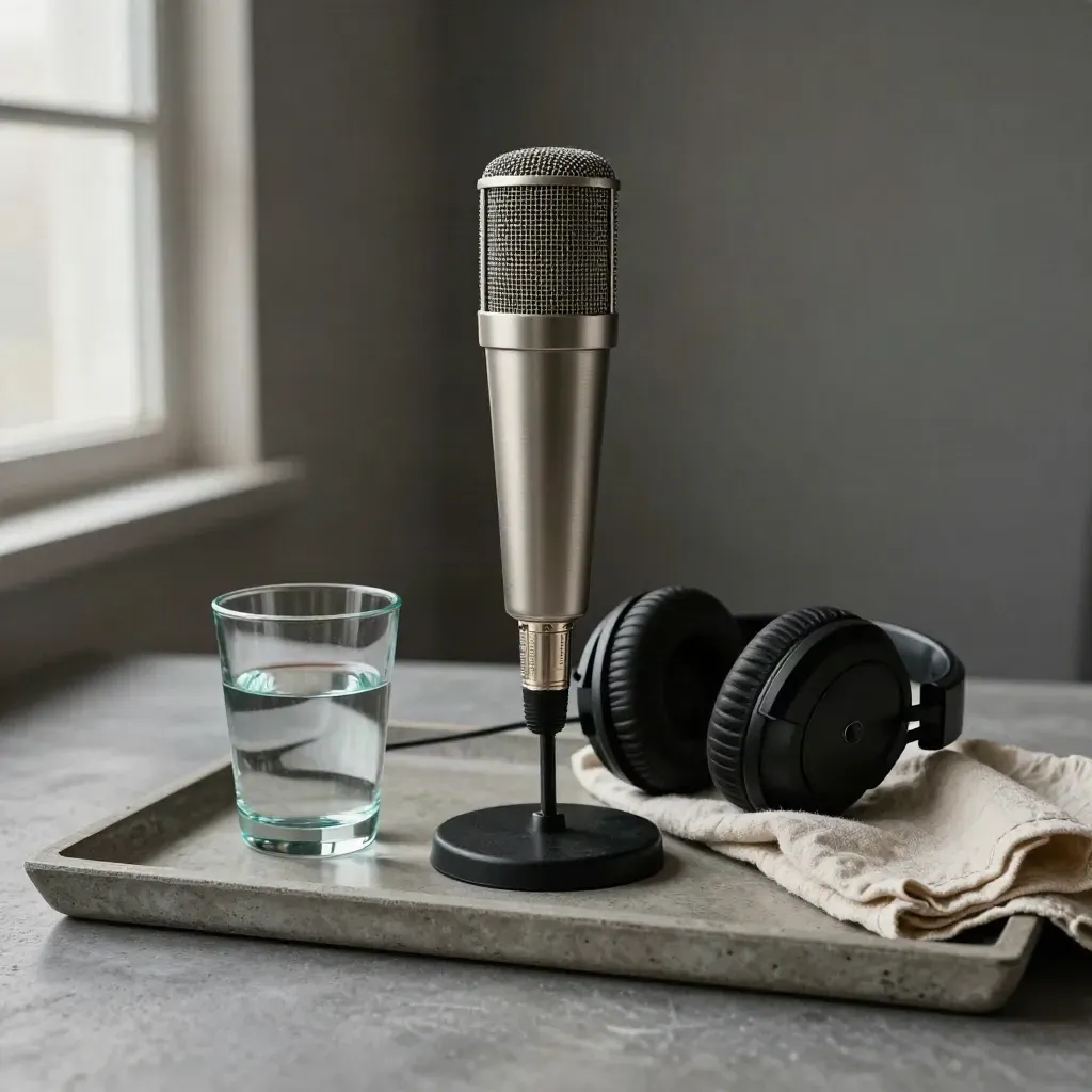 Broadcastmicrofoon, koptelefoon, glas en linnen doek op stenen tray in zacht licht.