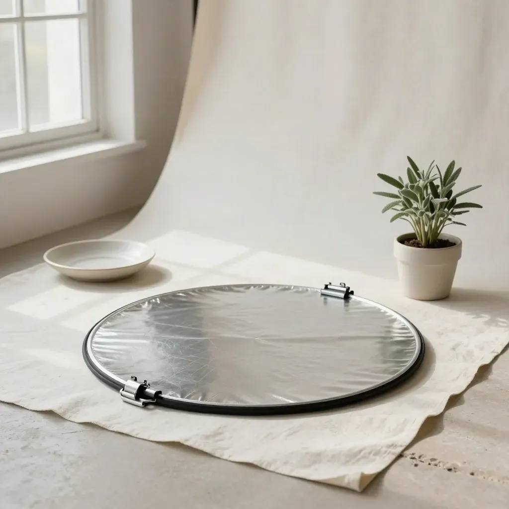 Reflectieschijf, backdroprol, keramische schaal en klein plantje op een lichte plaster ondergrond