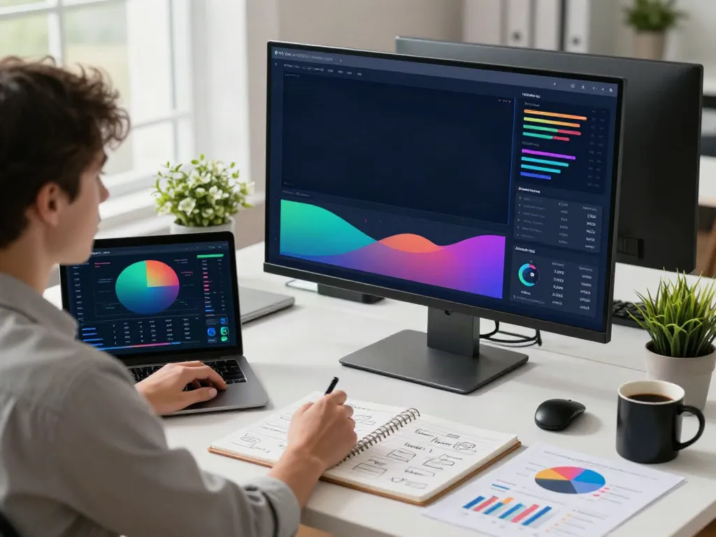 Data analyst reviewing metrics using an AI rank tracker in a modern workspace.