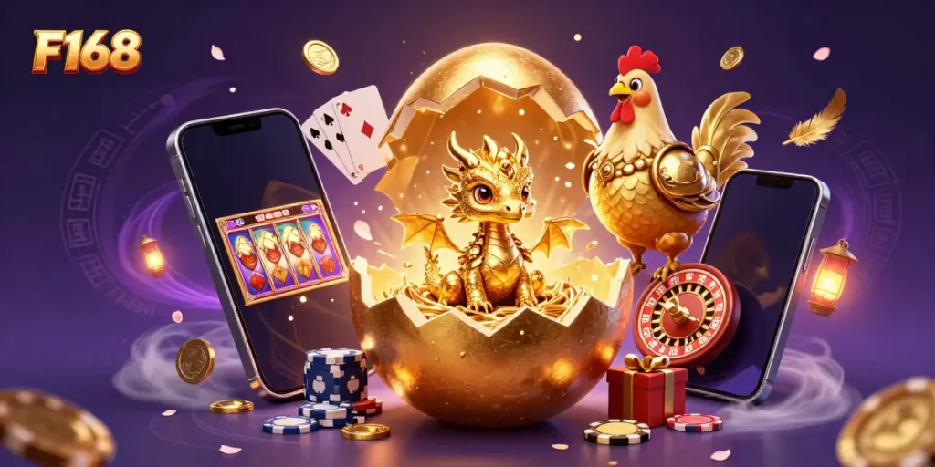 Experience F168's vibrant casino world with a golden dragon and gaming symbols.