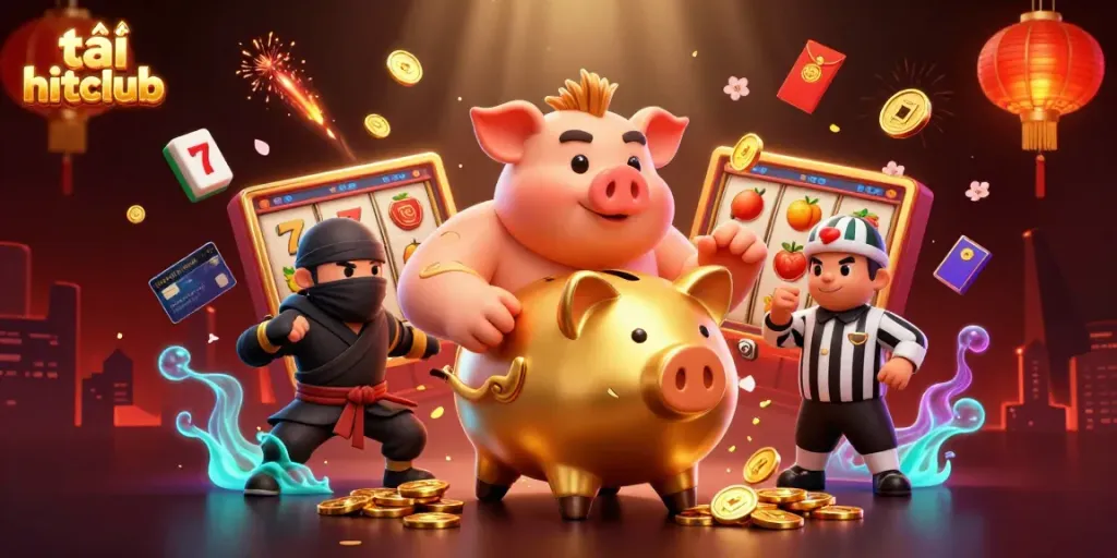 Engage with excitement as you tải hitclub, experiencing the vibrant world of online gaming illustrated through lively characters and dynamic gaming elements.