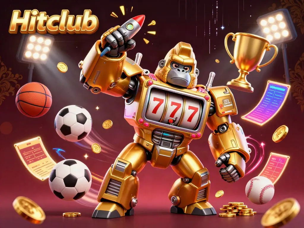 Join the thrill of Hitclub's gaming experience with a dynamic golden gorilla mech and vibrant elements.