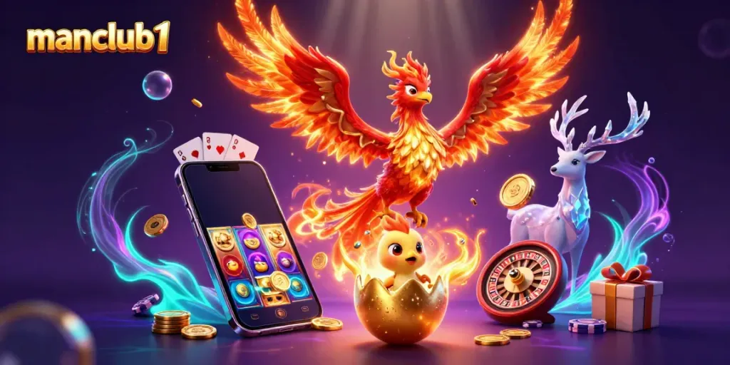Engage with manclub1's exciting slot games as a fire phoenix soars above golden coins.