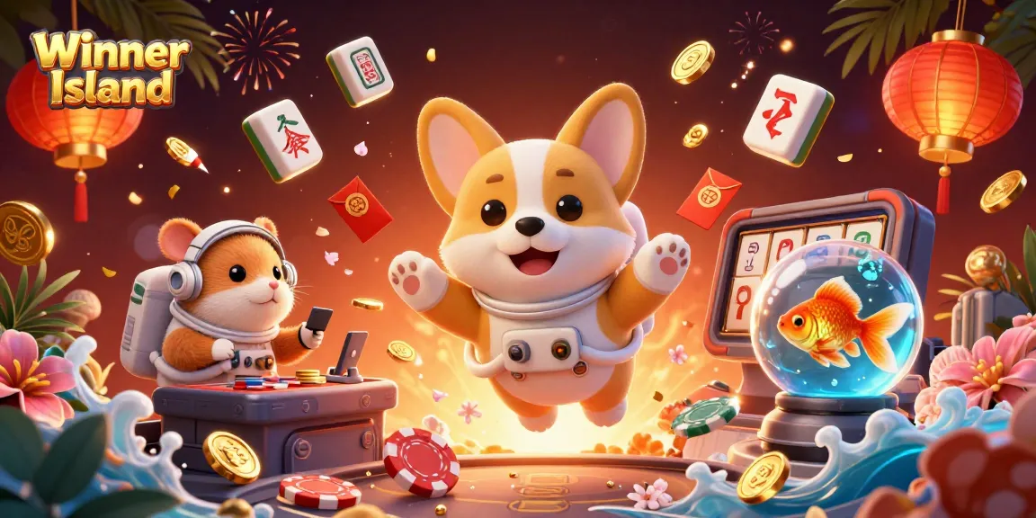 Experience the fun at Winner Island casino with floating poker chips and animated characters in a vibrant scene.