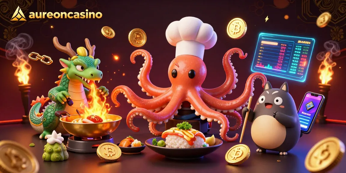 Aureoncasino showcases exciting gaming with lively characters preparing golden dishes amidst virtual coins and lightning.